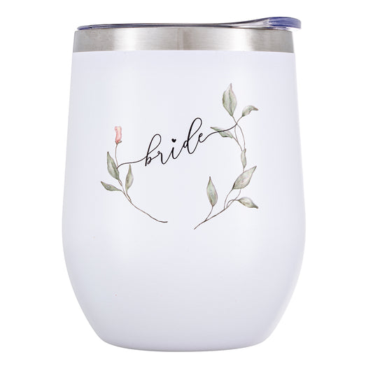 Crisky Greenery Bride Wine Tumbler for Bride Gift Vacuum Insulated Stainless Steel Drink Cup with Straw for Bride to Be | Engagement Glass | Newly Engaged Travel Mug | Future Mrs | Bachelorette 12oz