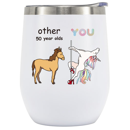 Crisky Funny Unicorn Wine Tumbler for Women 50th Birthday Gifts Novelty Gift for Best Friend/Friends/Wife/Mom/Sister/Her 12oz Vacuum Insulated Tumbler with Box, Lid, Straw
