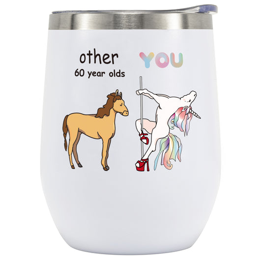 Crisky Funny Unicorn Wine Tumbler for Women 60th Birthday Gifts Novelty Gift for Best Friend/Friends/Wife/Mom/Sister/Her 12oz Vacuum Insulated Tumbler with Box, Lid, Straw