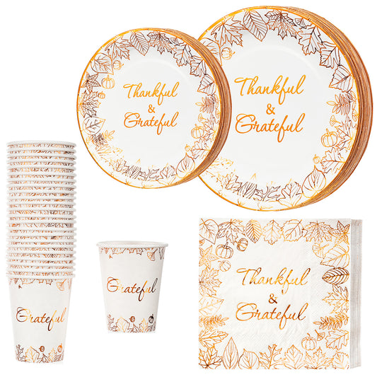 Crisky Thanksgiving Disposable Napkins Plates Cups Set for Autumn Thanksgiving Dinner Party Decorations, Thankful and Grateful in Orange Foil, Set of 24