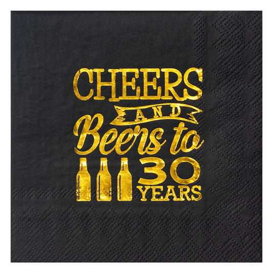 Crisky 30th Birthday Cocktail Napkins Black and Gold, Beverages Napkins for 30th Birthday Anniversary Decorations Cheers to 30 Years, 50 PCS, 3-Ply