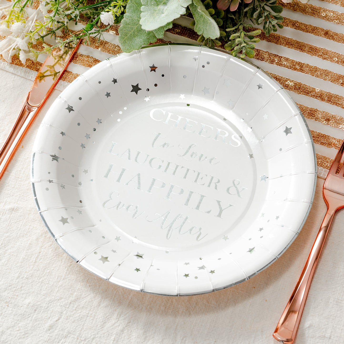 Crisky Cheers to Love Silver Disposable Plates for Bridal Shower, Wedding, Engagement, Bachelorett Party Decorations, Dessert, Buffet, Cake, Lunch, Dinner Plates Party Supples, 50 Count, 9" Plate