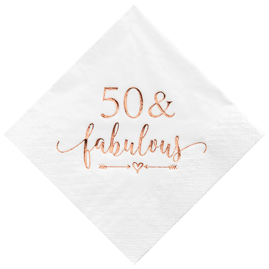 Crisky 50 and Fabulous Cocktail Napkins Rose Gold for Women 50th Birthday Decorations, 50th Birthday Bevergae Dessert Table Supplies, 50Pcs, 3-Ply