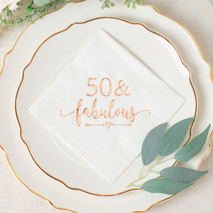 Crisky 50 and Fabulous Cocktail Napkins Rose Gold for Women 50th Birthday Decorations, 50th Birthday Bevergae Dessert Table Supplies, 50Pcs, 3-Ply