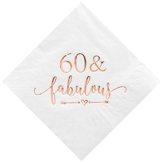 Crisky 60 and Fabulous Cocktail Napkins Rose Gold for Women 60th Birthday Decorations, 60th Birthday Bevergae Dessert Table Supplies, 50Pcs, 3-Ply