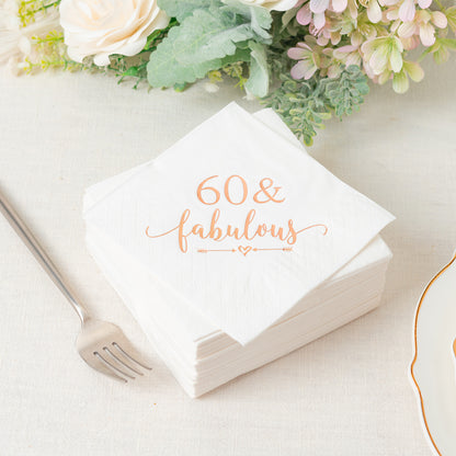 Crisky 60 and Fabulous Cocktail Napkins Rose Gold for Women 60th Birthday Decorations, 60th Birthday Bevergae Dessert Table Supplies, 50Pcs, 3-Ply