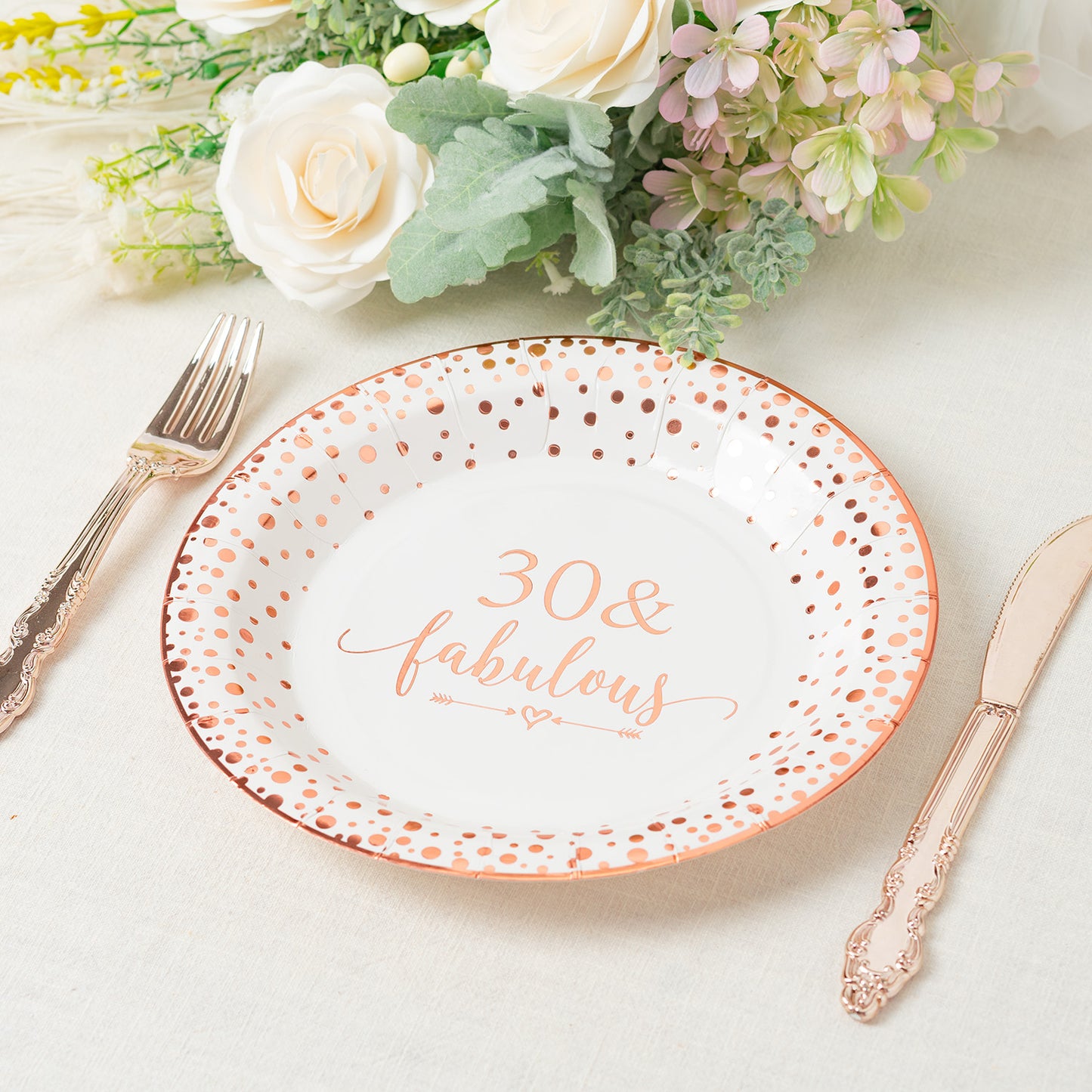Crisky 30 Fabulous Disposable Plates for Women 30th Birthday Decorations Rose Gold Dessert, Buffet, Cake, Lunch, Dinner Disposable Plates 30th Birthday Party Table Supples, 50 Count, 9 inches