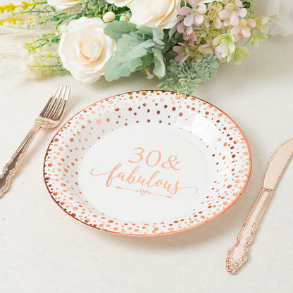 Crisky 30 Fabulous Disposable Plates for Women 30th Birthday Decorations Rose Gold Dessert, Buffet, Cake, Lunch, Dinner Disposable Plates 30th Birthday Party Table Supples, 50 Count, 9 inches