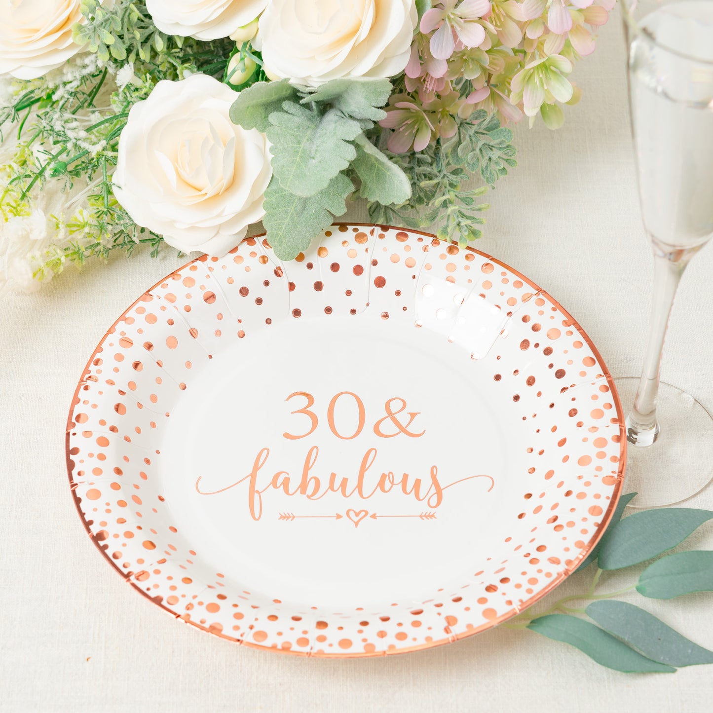 Crisky 30 Fabulous Disposable Plates for Women 30th Birthday Decorations Rose Gold Dessert, Buffet, Cake, Lunch, Dinner Disposable Plates 30th Birthday Party Table Supples, 50 Count, 9 inches