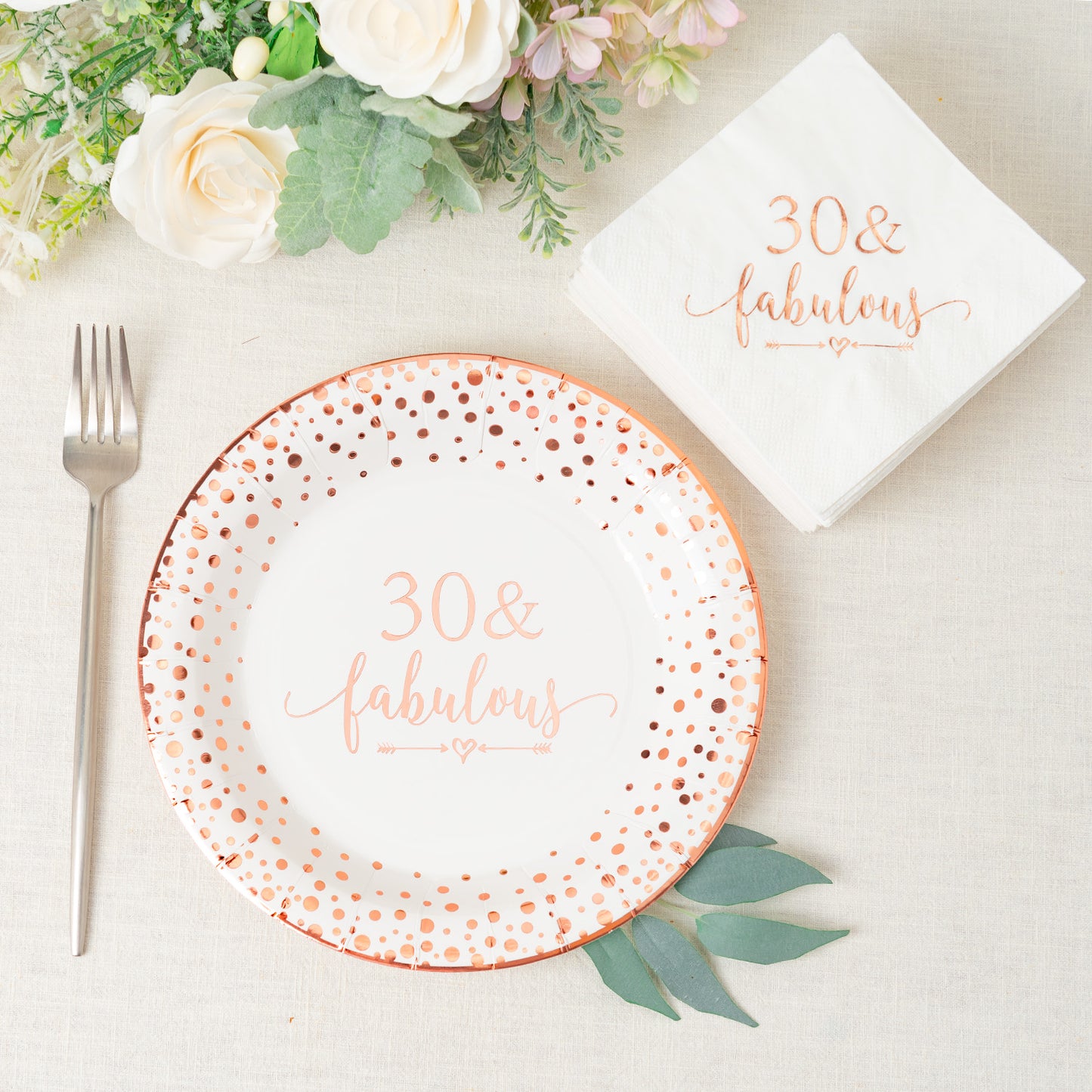 Crisky 30 Fabulous Disposable Plates for Women 30th Birthday Decorations Rose Gold Dessert, Buffet, Cake, Lunch, Dinner Disposable Plates 30th Birthday Party Table Supples, 50 Count, 9 inches