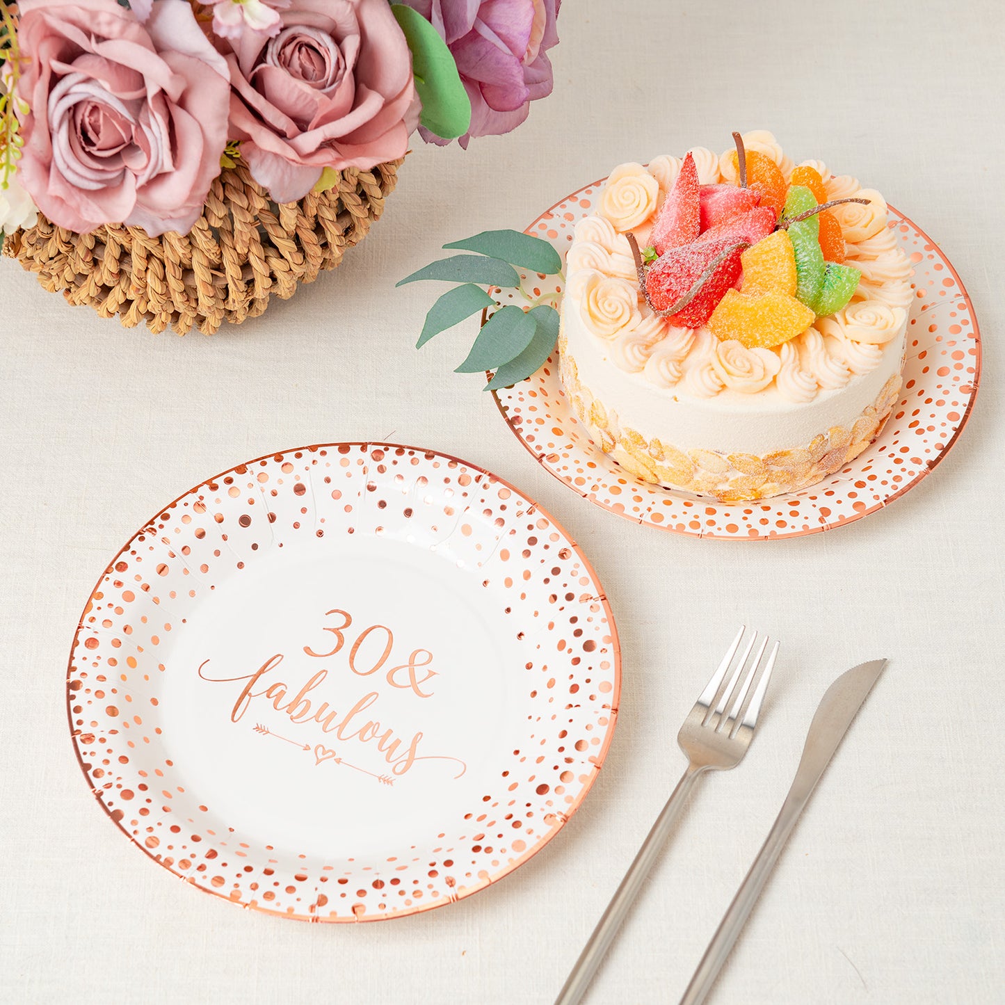 Crisky 30 Fabulous Disposable Plates for Women 30th Birthday Decorations Rose Gold Dessert, Buffet, Cake, Lunch, Dinner Disposable Plates 30th Birthday Party Table Supples, 50 Count, 9 inches