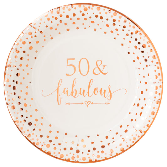 Crisky 50 Fabulous Disposable Plates for Women 50th Birthday Decorations Rose Gold Dessert, Buffet, Cake, Lunch, Dinner Disposable Plates 50th Birthday Party Table Supples, 50 Count, 9 inches