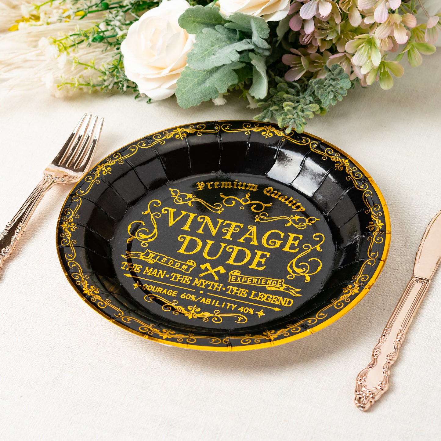 Crisky Vintage Dude Disposable Plates for Men Birthday Decorations Black Gold Dessert, Buffet, Cake, Lunch, Dinner Disposable Plates Men Birthday Party Table Supples, 50 Count, 9 inches