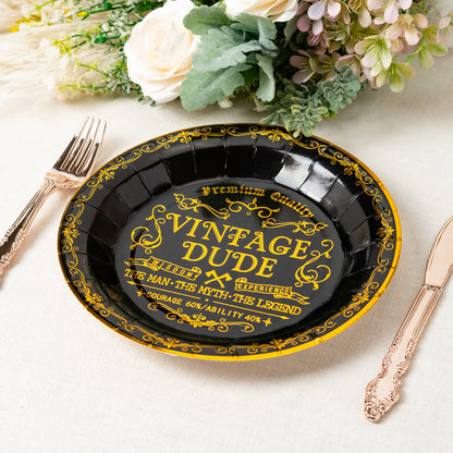 Crisky Vintage Dude Disposable Plates for Men Birthday Decorations Black Gold Dessert, Buffet, Cake, Lunch, Dinner Disposable Plates Men Birthday Party Table Supples, 50 Count, 9 inches