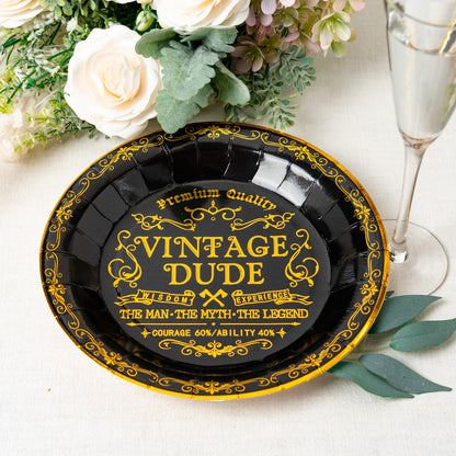 Crisky Vintage Dude Disposable Plates for Men Birthday Decorations Black Gold Dessert, Buffet, Cake, Lunch, Dinner Disposable Plates Men Birthday Party Table Supples, 50 Count, 9 inches