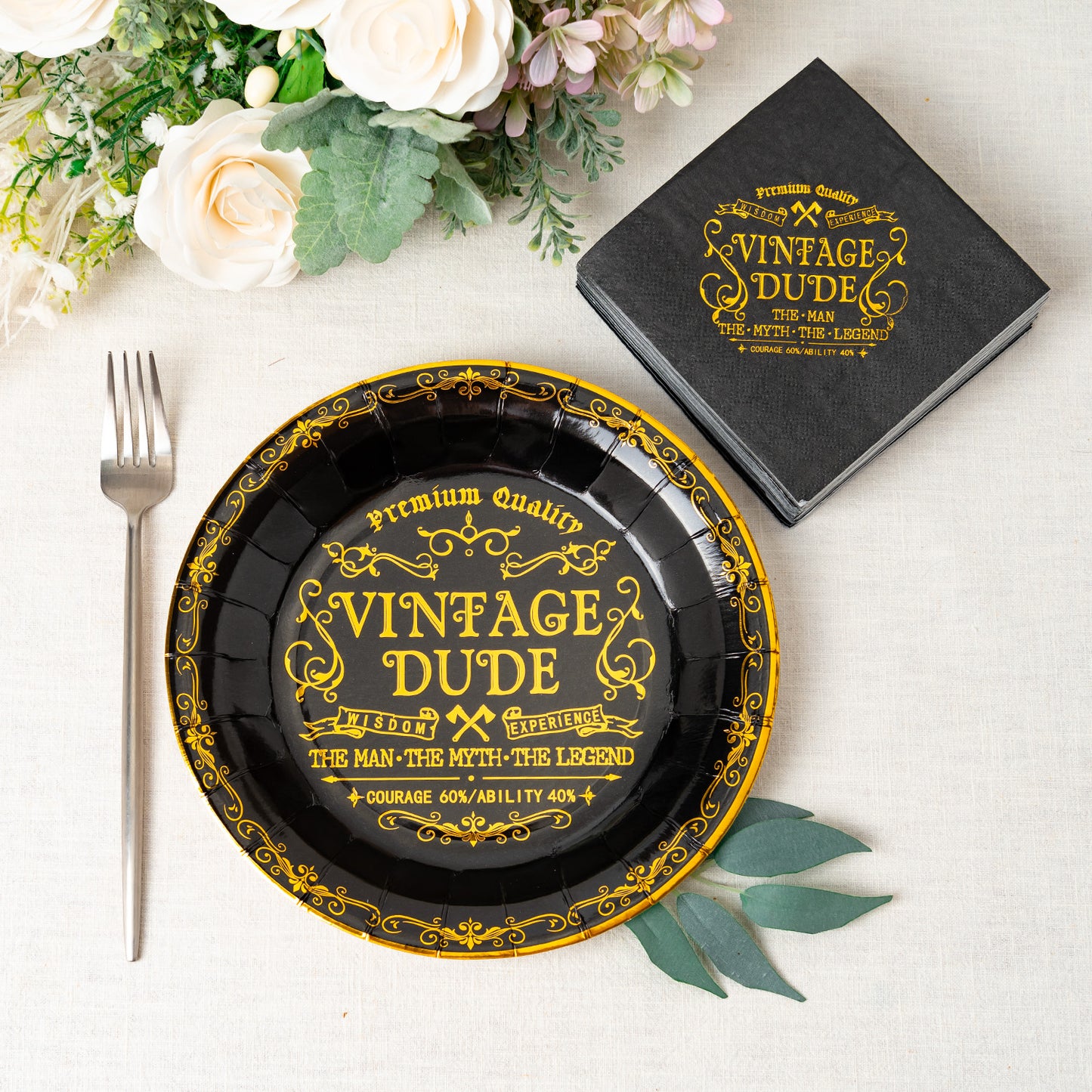 Crisky Vintage Dude Disposable Plates for Men Birthday Decorations Black Gold Dessert, Buffet, Cake, Lunch, Dinner Disposable Plates Men Birthday Party Table Supples, 50 Count, 9 inches