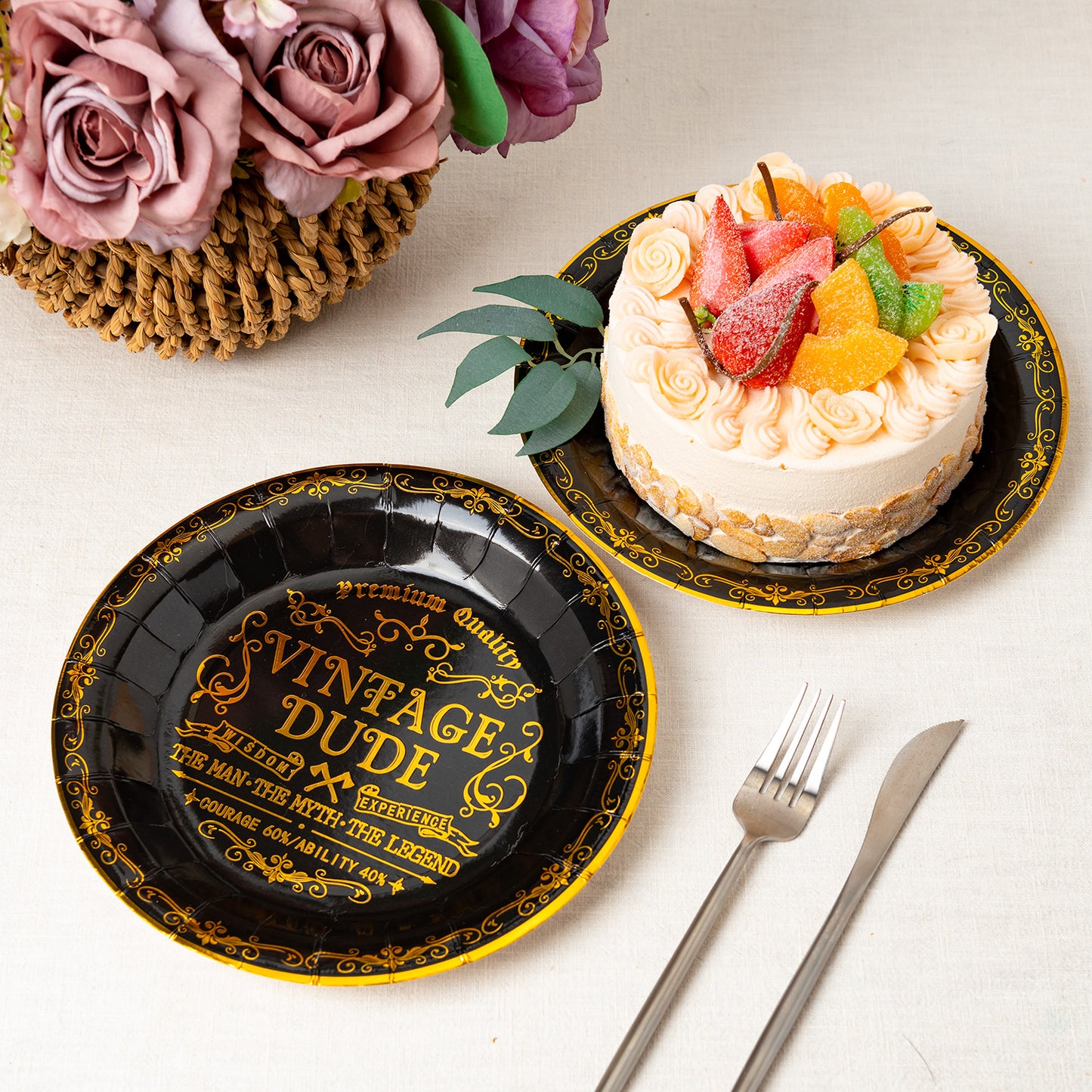 Crisky Vintage Dude Disposable Plates for Men Birthday Decorations Black Gold Dessert, Buffet, Cake, Lunch, Dinner Disposable Plates Men Birthday Party Table Supples, 50 Count, 9 inches