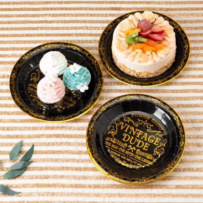 Crisky Vintage Dude Disposable Plates for Men Birthday Decorations Black Gold Dessert, Buffet, Cake, Lunch, Dinner Disposable Plates Men Birthday Party Table Supples, 50 Count, 9 inches