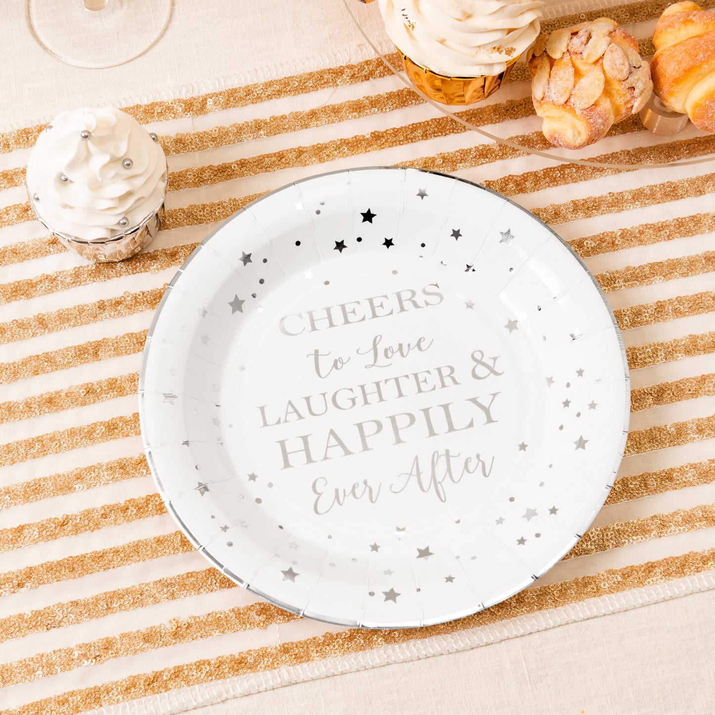 Crisky Cheers to Love Silver Disposable Plates for Bridal Shower, Wedding, Engagement, Bachelorett Party Decorations, Dessert, Buffet, Cake, Lunch, Dinner Plates Party Supples, 50 Count, 9" Plate