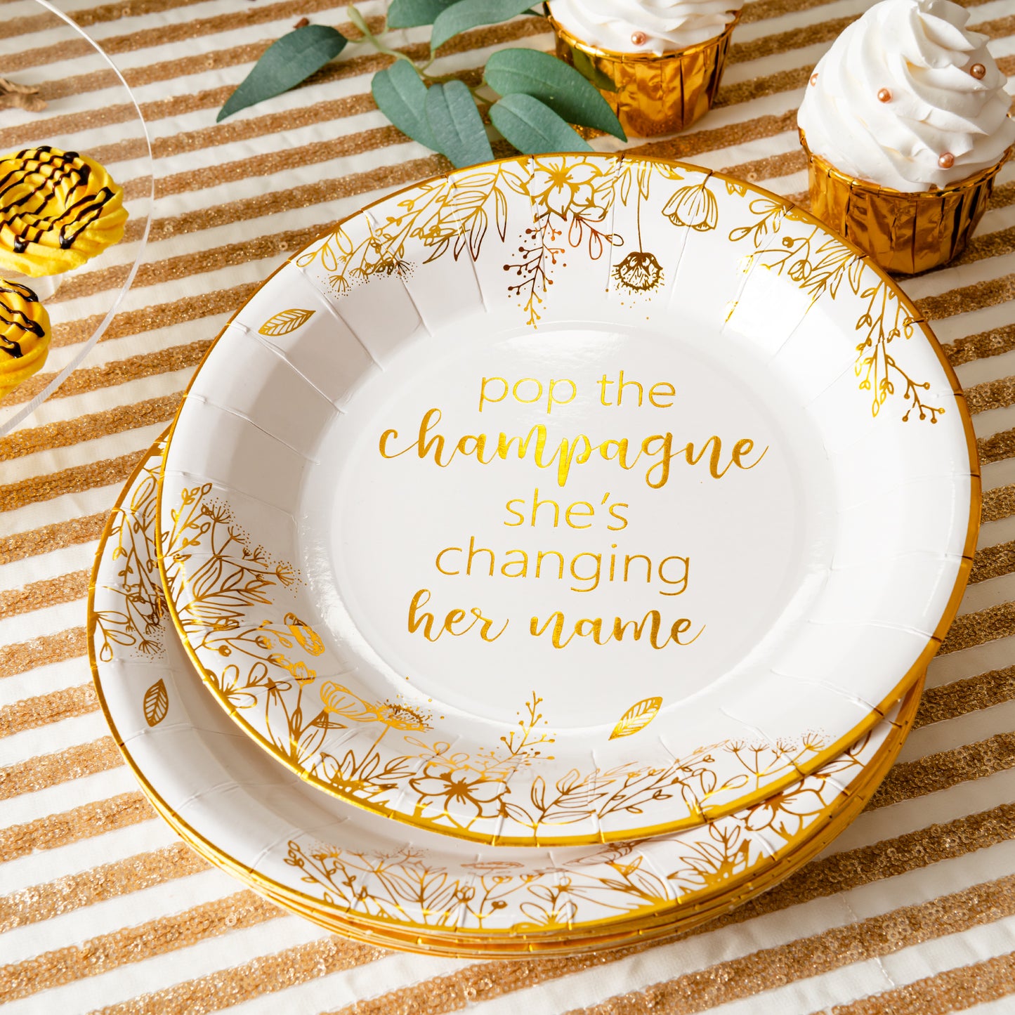 Crisky Bridal Shower Disposable Plates Gold Engagement Bachelorette Party Decorations Dessert, Buffet, Cake, Lunch, Dinner Disposable Plates Miss to Mrs Party Table Supples, 50 Count, 9 inches