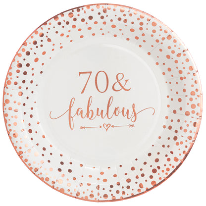 Crisky 70 Fabulous Disposable Plates for Women 70th Birthday Decorations Rose Gold Dessert, Buffet, Cake, Lunch, Dinner Disposable Plates 70th Birthday Party Table Supples, 50 Count, 9 inches