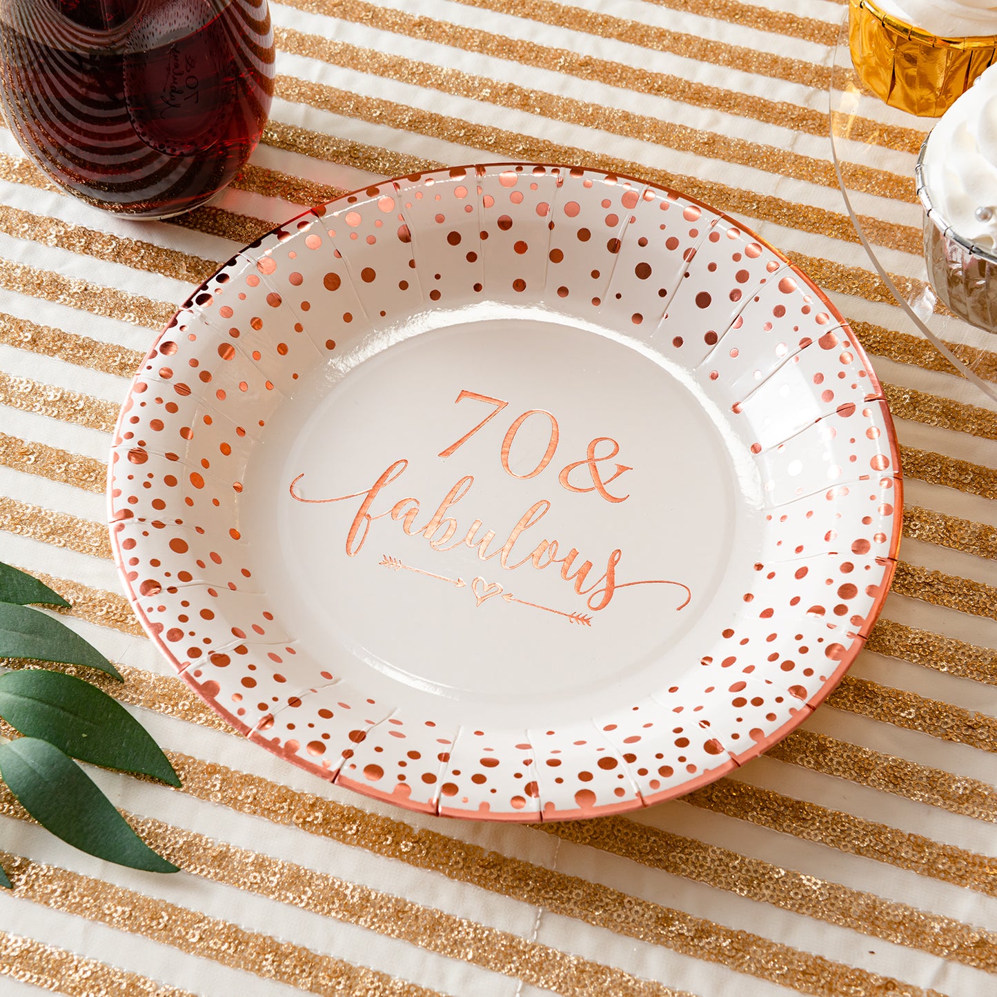 Crisky 70 Fabulous Disposable Plates for Women 70th Birthday Decorations Rose Gold Dessert, Buffet, Cake, Lunch, Dinner Disposable Plates 70th Birthday Party Table Supples, 50 Count, 9 inches