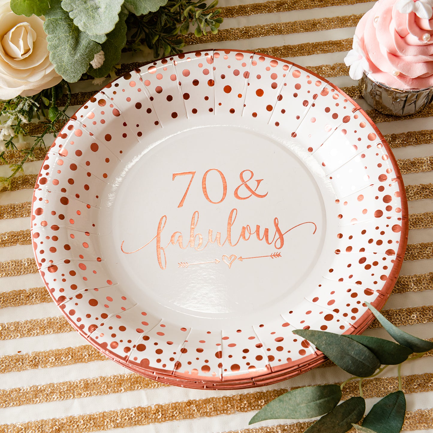 Crisky 70 Fabulous Disposable Plates for Women 70th Birthday Decorations Rose Gold Dessert, Buffet, Cake, Lunch, Dinner Disposable Plates 70th Birthday Party Table Supples, 50 Count, 9 inches