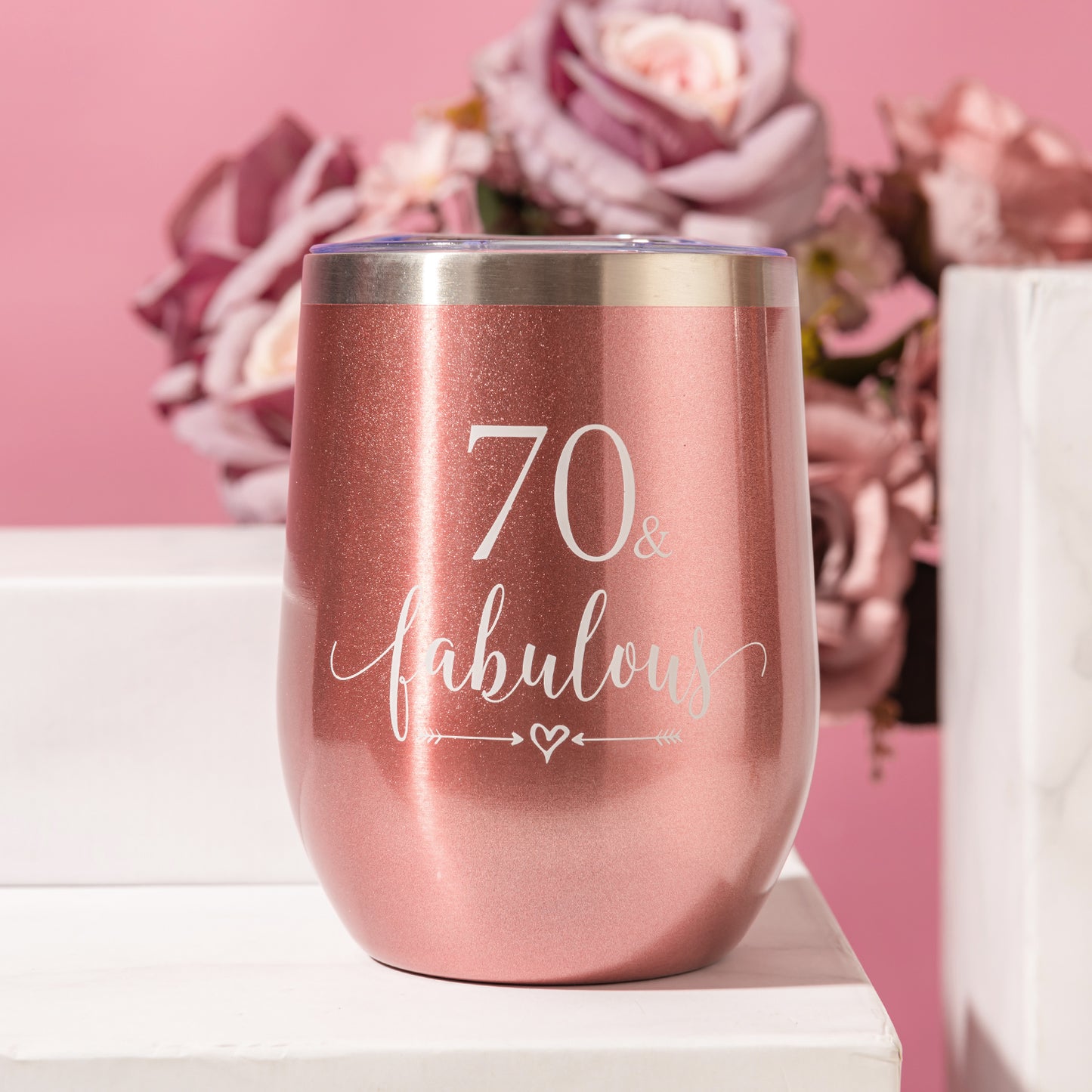 Crisky Rose Gold 70 & Fabulous Wine Tumbler for Women 70th Birthday Gifts for Women, Wife, Mom, Sister, Aunt, Friends, Coworker Her, Vacuum Insulated Coffee Cup,12oz with Box, Lid, Straw