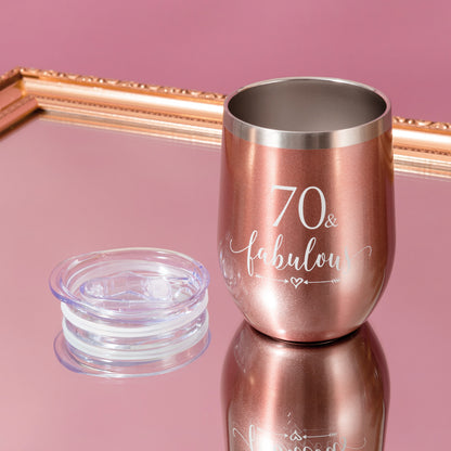 Crisky Rose Gold 70 & Fabulous Wine Tumbler for Women 70th Birthday Gifts for Women, Wife, Mom, Sister, Aunt, Friends, Coworker Her, Vacuum Insulated Coffee Cup,12oz with Box, Lid, Straw