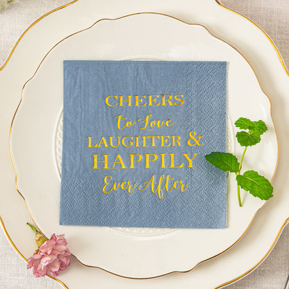 Crisky Dusty Blue Bridal Shower Napkins Disposable Cocktail Napkins Gold Foil Beverage Desert Cake Napkins Engagement Party Decorations & Wedding Shower, Rehearsal Dinners Napkins [50 pcs, 3-ply]