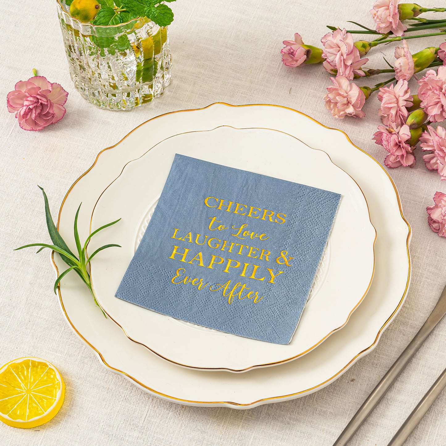 Crisky Dusty Blue Bridal Shower Napkins Disposable Cocktail Napkins Gold Foil Beverage Desert Cake Napkins Engagement Party Decorations & Wedding Shower, Rehearsal Dinners Napkins [50 pcs, 3-ply]