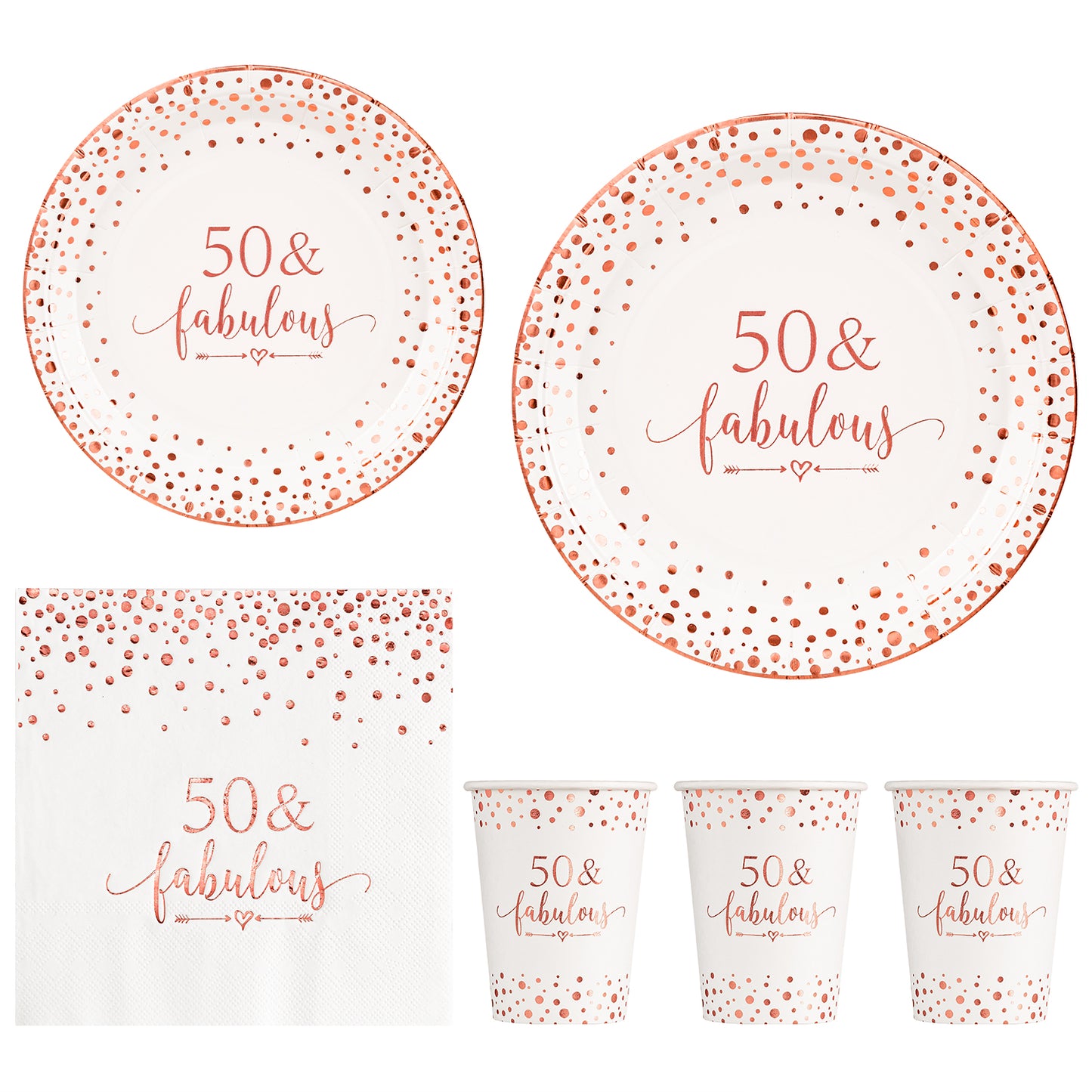 Crisky Rose Gold 50 Fabulous Napkins Plates Cups Set for Women 50th Birthday Party Decorations Supplies, Disposable Tableware Set of 24 (9" Plates, 7" Plates, Luncheon Napkins, 9oz Cups)