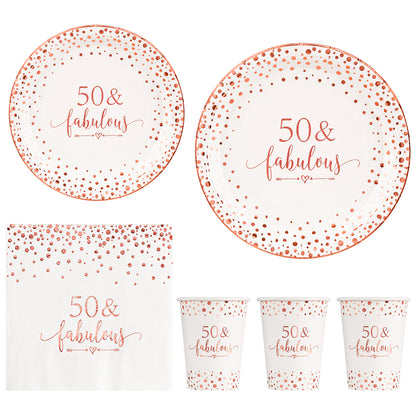 Crisky Rose Gold 50 Fabulous Napkins Plates Cups Set for Women 50th Birthday Party Decorations Supplies, Disposable Tableware Set of 24 (9" Plates, 7" Plates, Luncheon Napkins, 9oz Cups)