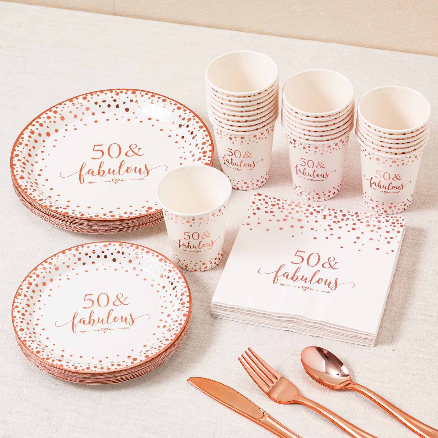 Crisky Rose Gold 50 Fabulous Napkins Plates Cups Set for Women 50th Birthday Party Decorations Supplies, Disposable Tableware Set of 24 (9" Plates, 7" Plates, Luncheon Napkins, 9oz Cups)