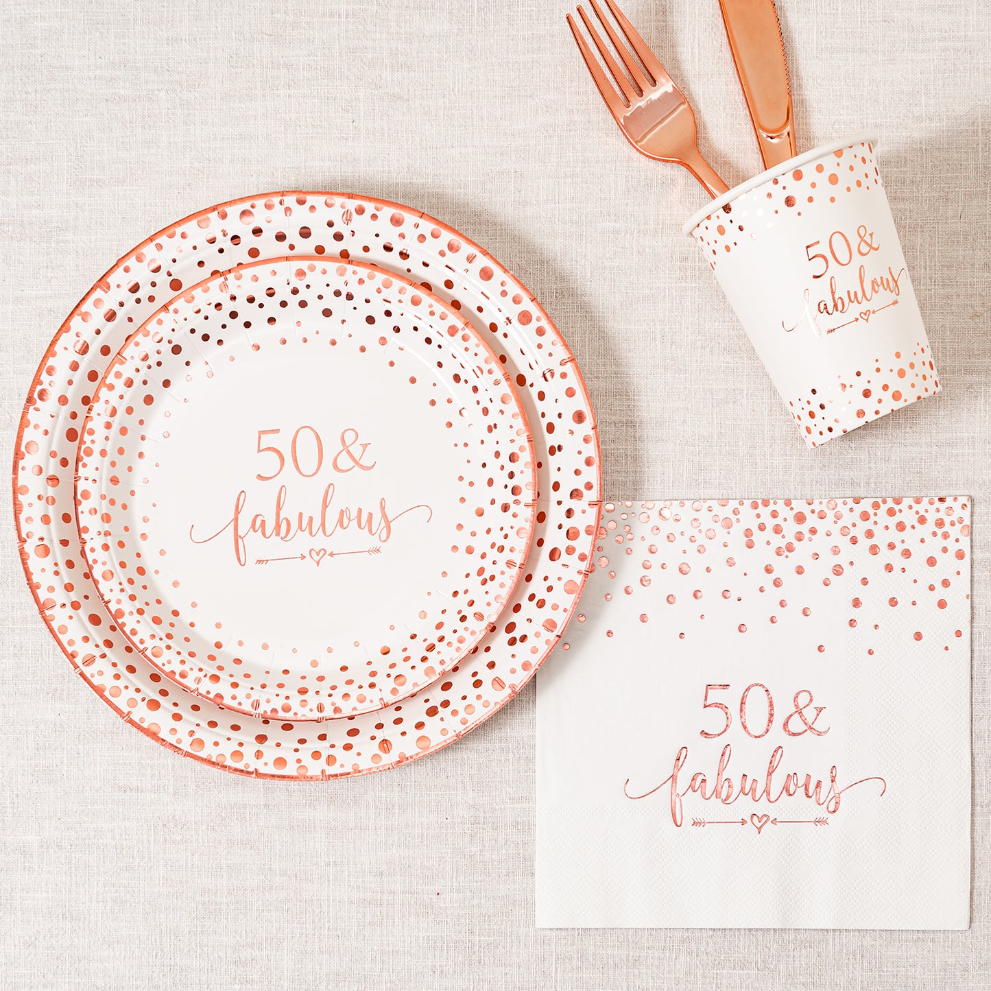 Crisky Rose Gold 50 Fabulous Napkins Plates Cups Set for Women 50th Birthday Party Decorations Supplies, Disposable Tableware Set of 24 (9" Plates, 7" Plates, Luncheon Napkins, 9oz Cups)