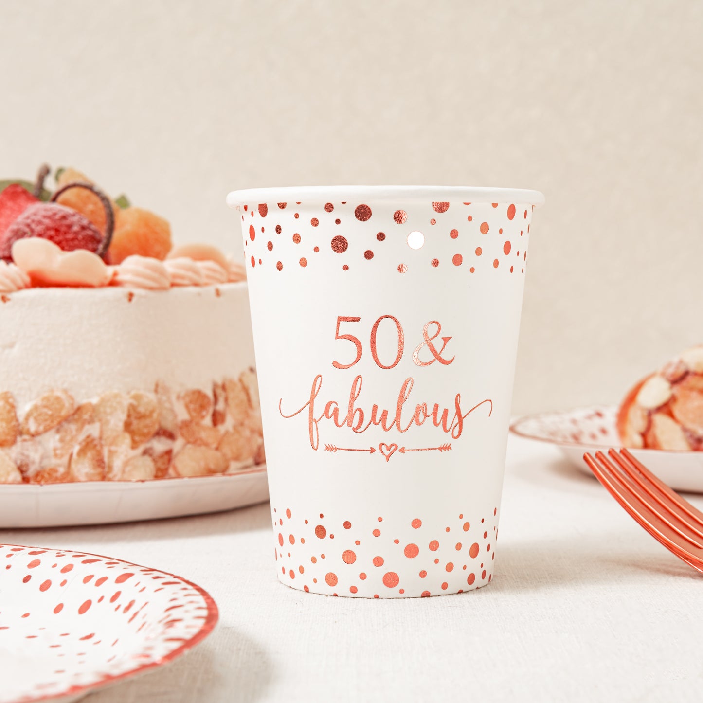 Crisky Rose Gold 50 Fabulous Napkins Plates Cups Set for Women 50th Birthday Party Decorations Supplies, Disposable Tableware Set of 24 (9" Plates, 7" Plates, Luncheon Napkins, 9oz Cups)