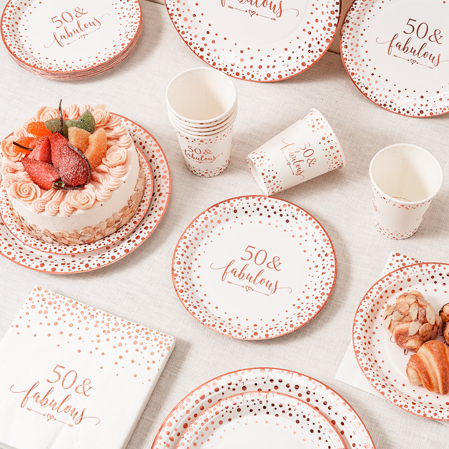 Crisky Rose Gold 50 Fabulous Napkins Plates Cups Set for Women 50th Birthday Party Decorations Supplies, Disposable Tableware Set of 24 (9" Plates, 7" Plates, Luncheon Napkins, 9oz Cups)