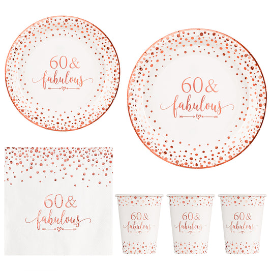 Crisky Rose Gold 60 Fabulous Napkins Plates Cups Set for Women 60th Birthday Party Decorations Supplies, Disposable Tableware Set of 24 (9" Plates, 7" Plates, Luncheon Napkins, 9oz Cups)