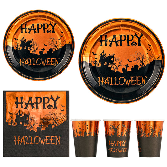 Crisky Happy Halloween Disposable Napkins Plates Cups Set for Halloween Dinner Party Decorations Party Supplies Tableware, Set of 24 (9" Plates,7" Plates, Luncheon Napkins, 9oz Cups)