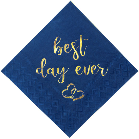 Crisky Wedding Cocktail Napkins Navy Blue Gold Best Day Ever Napkins for Wedding Dessert Beverage Table Decorations Wedding Party Supplies 100 Pcs, 3-ply