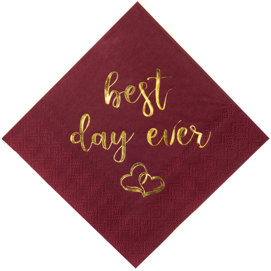 Crisky Wedding Cocktail Napkins Burgundy Gold Best Day Ever Napkins for Wedding Dessert Beverage Table Decorations Wedding Party Supplies 100 Pcs, 3-ply