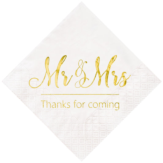 Crisky Wedding Napkins Mr and Mrs Gold Cocktail Beverage Dessert Napkins for Wedding Shower Engagement Party Decorations, Wedding Cake Table Decor Supplies. 100 Pcs, 3-Ply